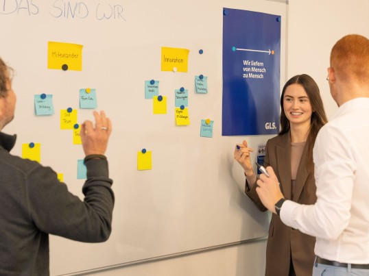 Employees working together at the whiteboard